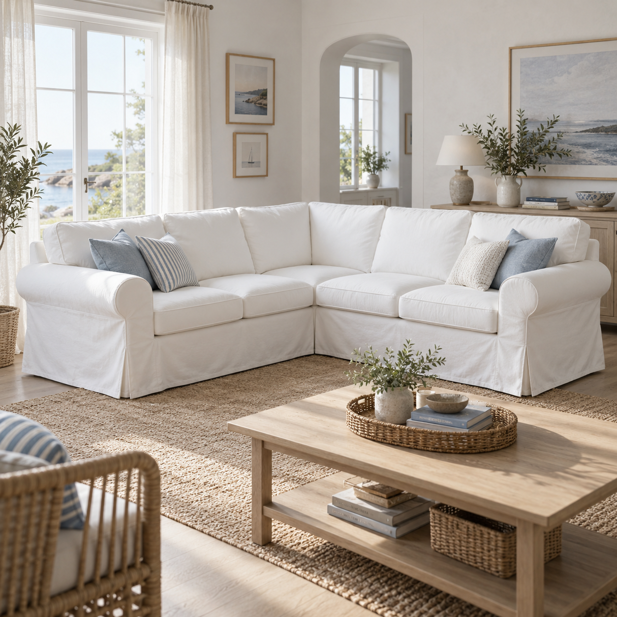 White cotton canvas slipcover compatible with IKEA UPPLAND 4-seat corner sectional, front-left view in a bright coastal living room