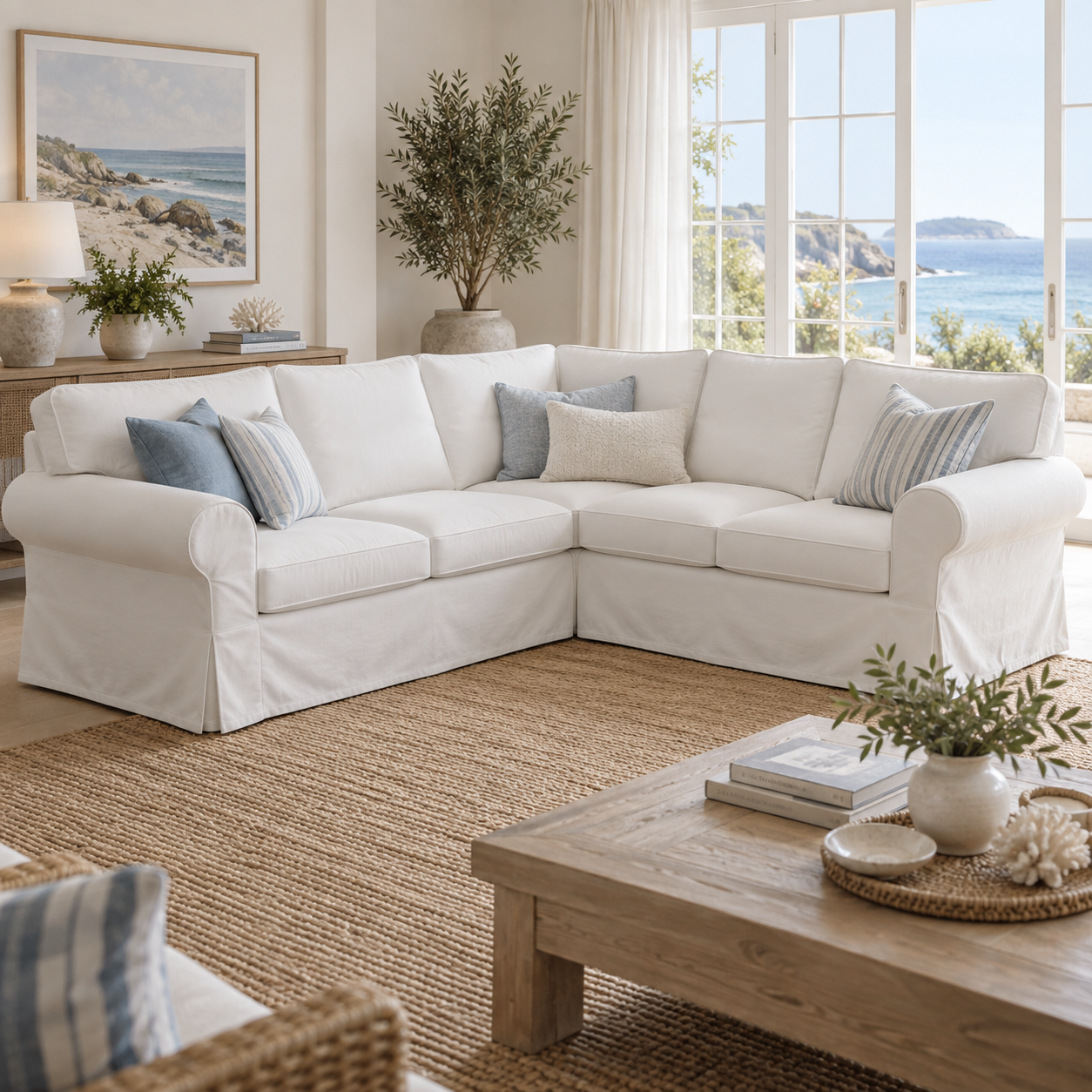 White cotton canvas slipcover compatible with IKEA UPPLAND 4-seat corner sectional, front-right view in a bright coastal living room