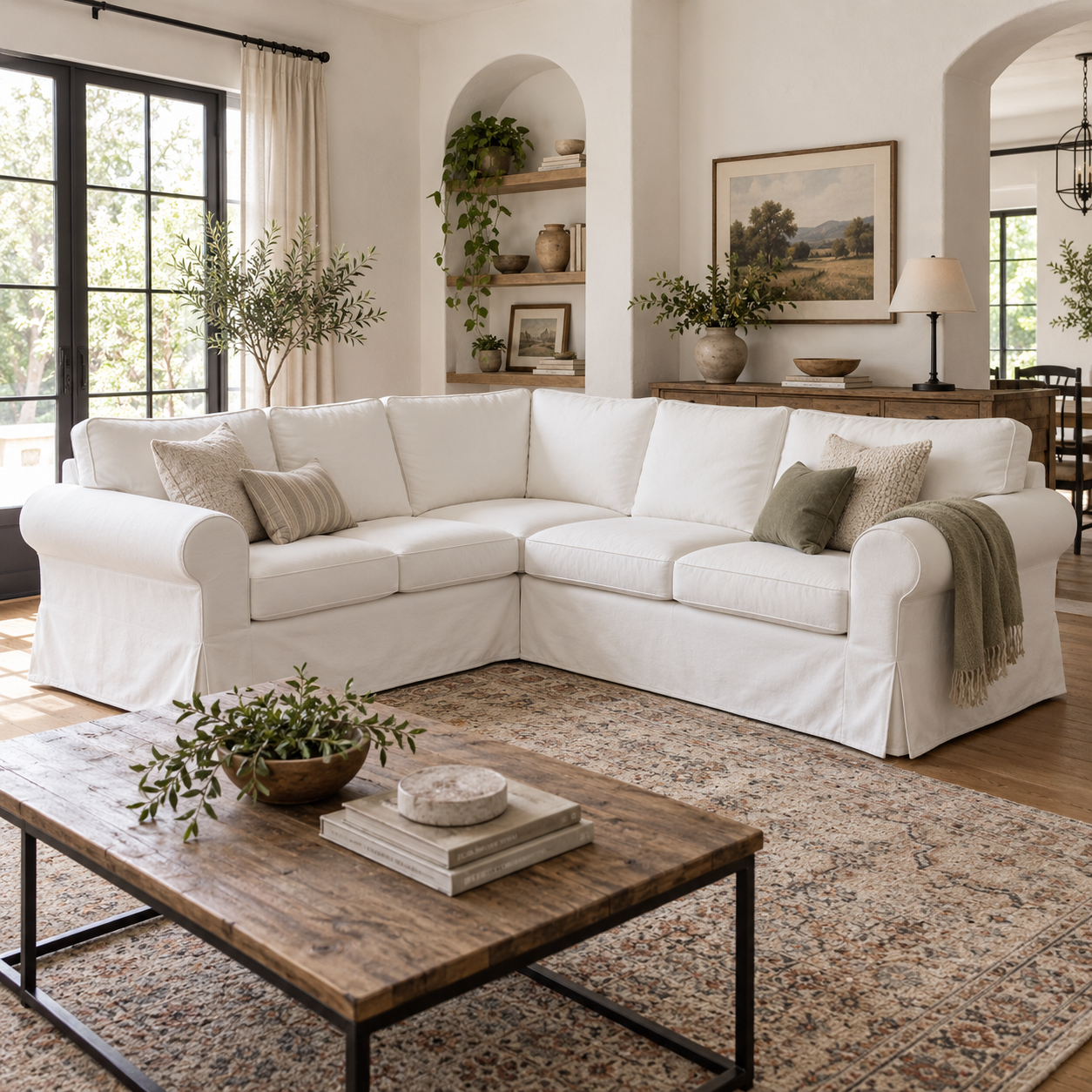 White cotton canvas slipcover compatible with IKEA EKTORP 4-seat corner sectional, front view in a modern farmhouse living room