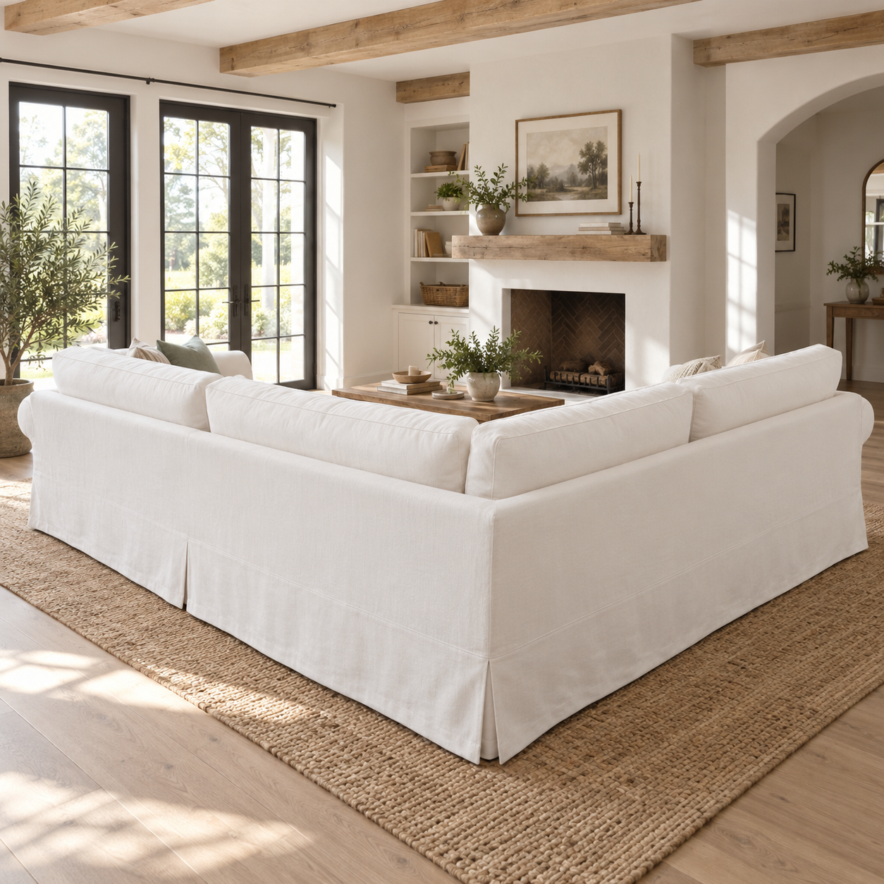 White cotton canvas slipcover compatible with IKEA EKTORP 4-seat corner sectional, rear three-quarter view showing the fitted back panels