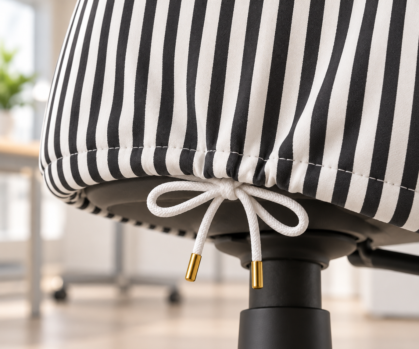 Black stripe SKRUVSTA slipcover underside drawstring and gathered fabric