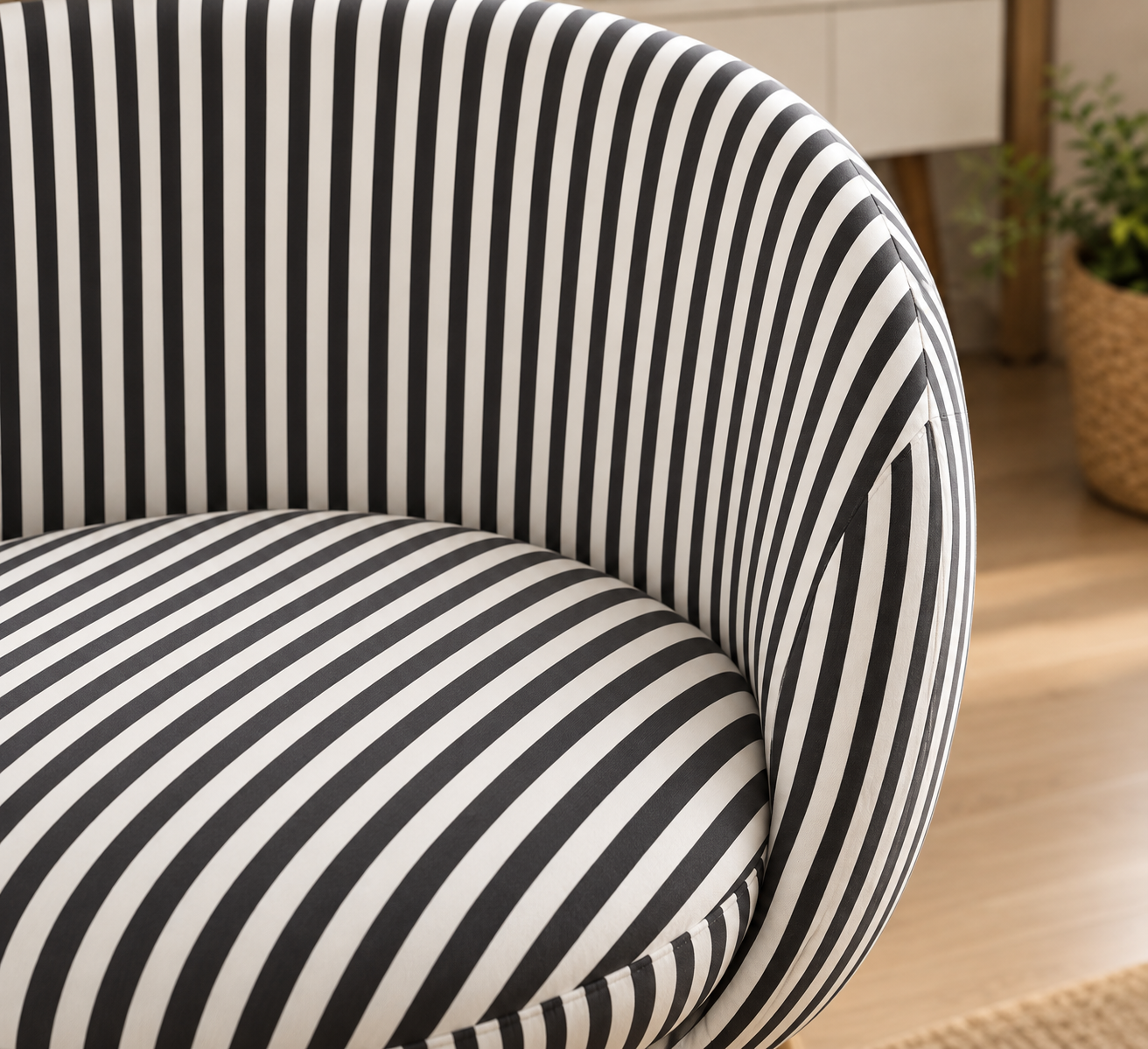 Close-up side angle of black and white narrow stripe SKRUVSTA slipcover