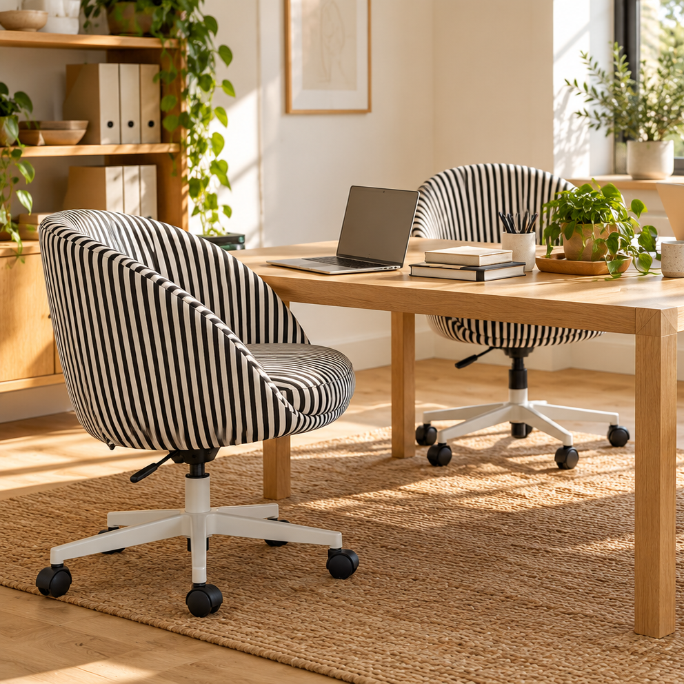 Three black and white striped SKRUVSTA slipcovered chairs around a desk
