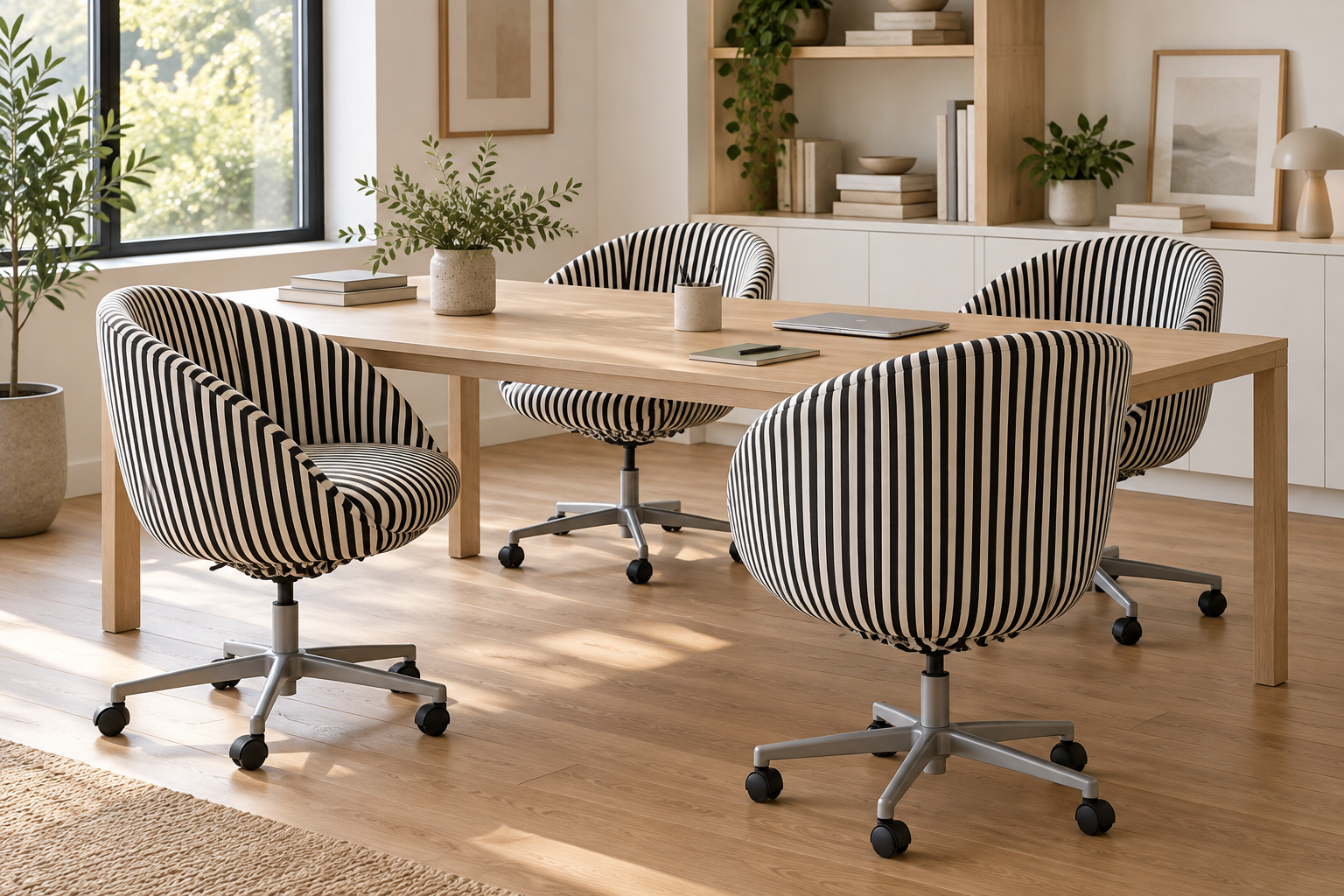 Four black and white striped SKRUVSTA slipcovered chairs around a desk