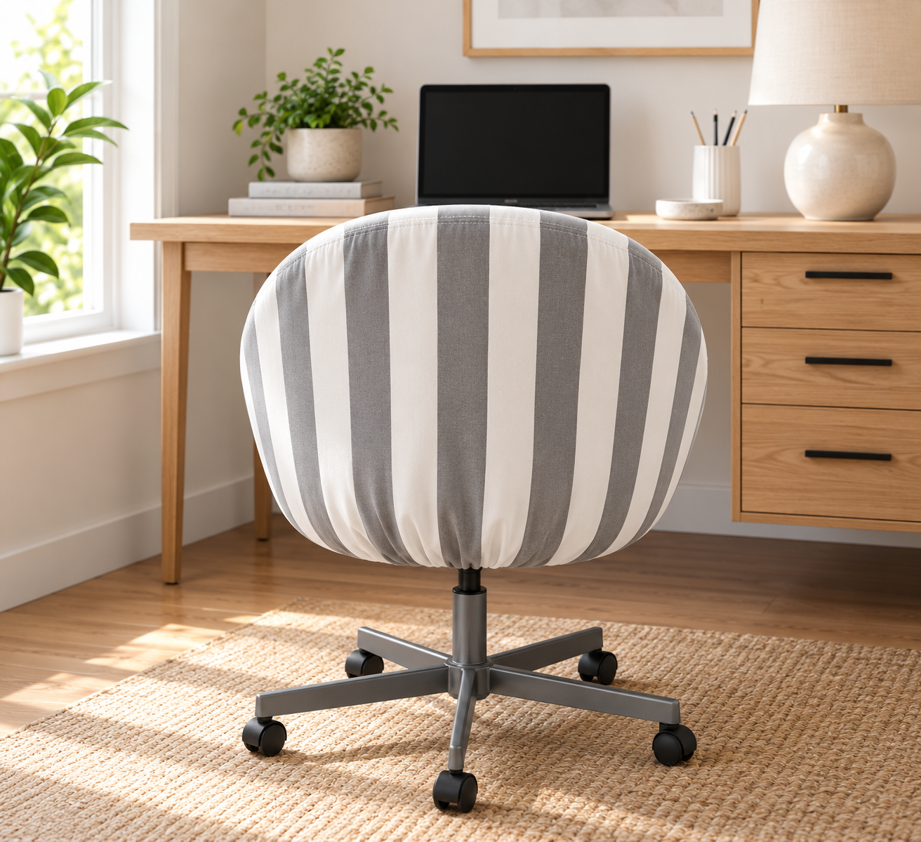 Rear view of grey and white striped SKRUVSTA chair cover