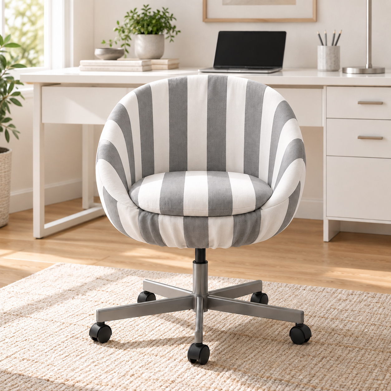 Front view of grey and white striped SKRUVSTA chair in a home office
