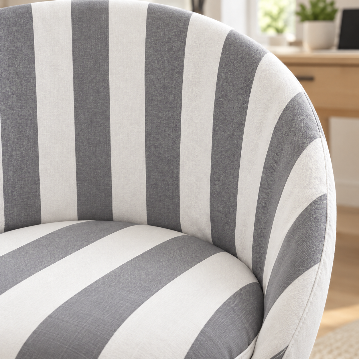 Close-up of grey and white striped chair cover fabric