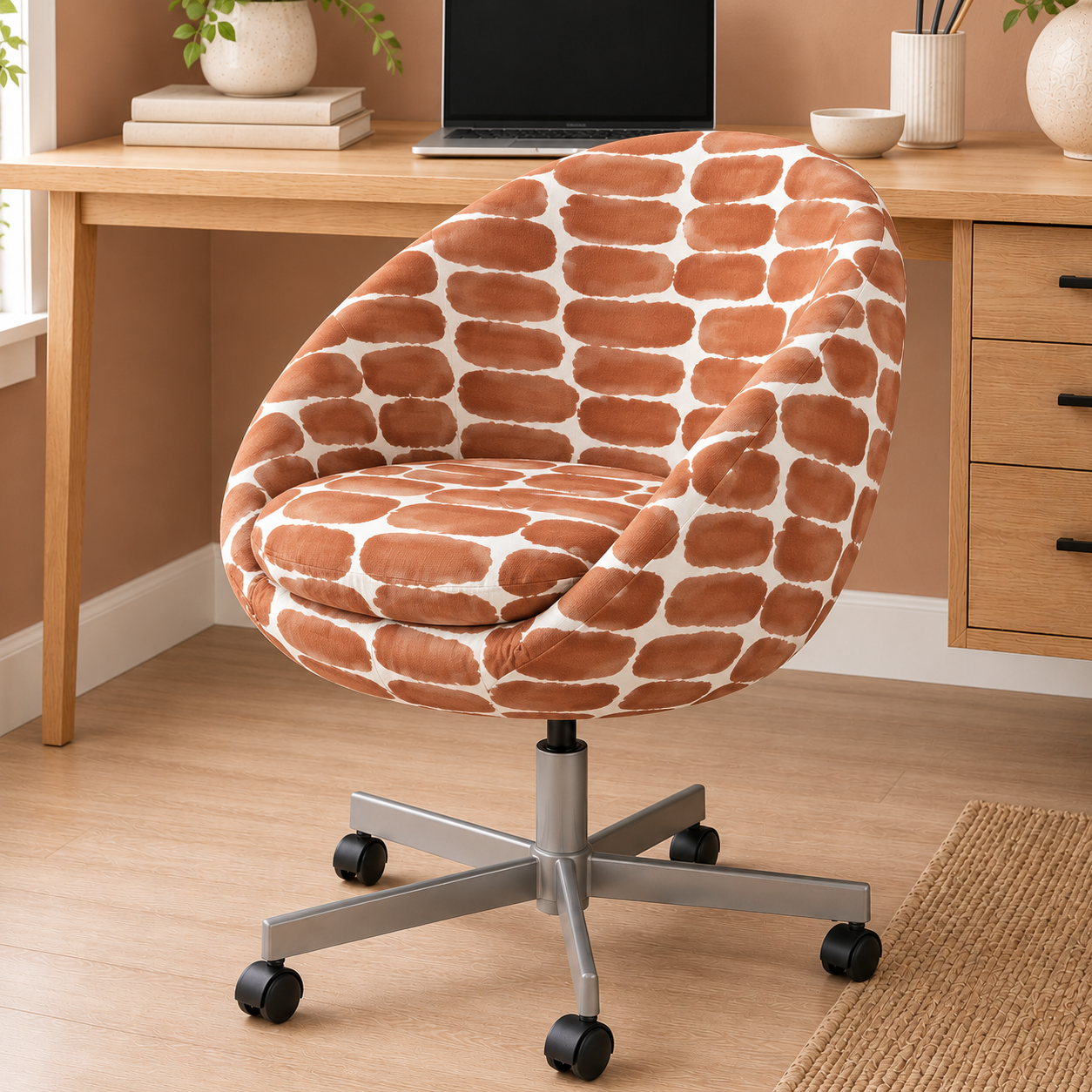 Sunstone Shibori Dot chair slipcover compatible with IKEA SKRUVSTA, angled view in home office