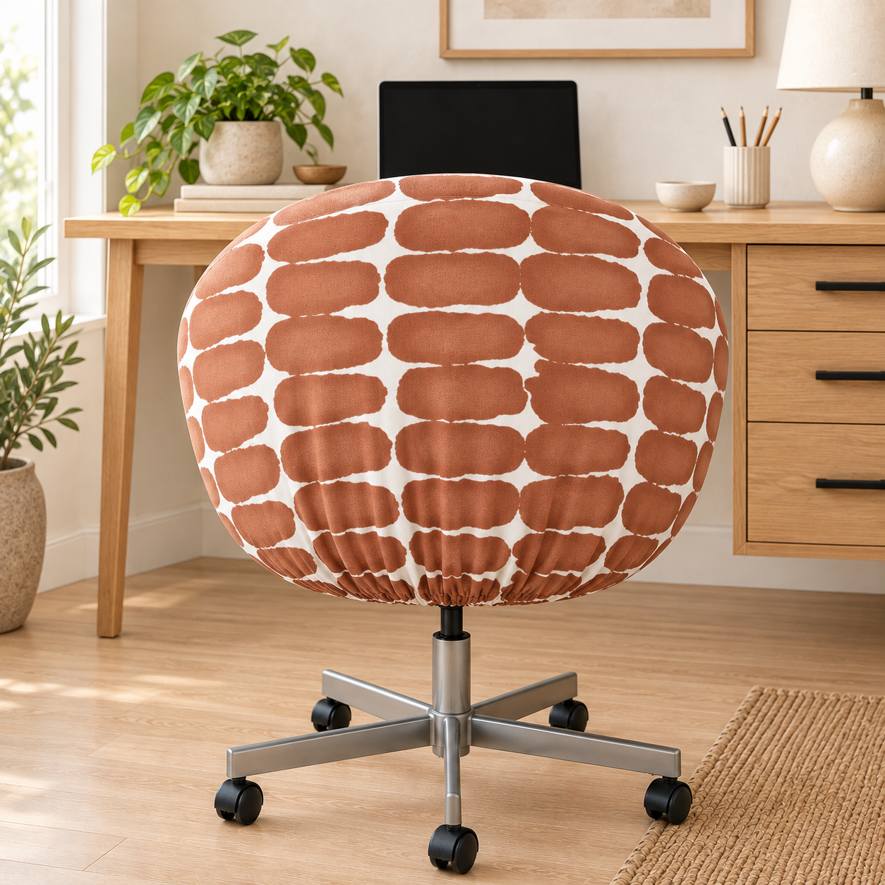 Rear view of terracotta Shibori Dot SKRUVSTA slipcover