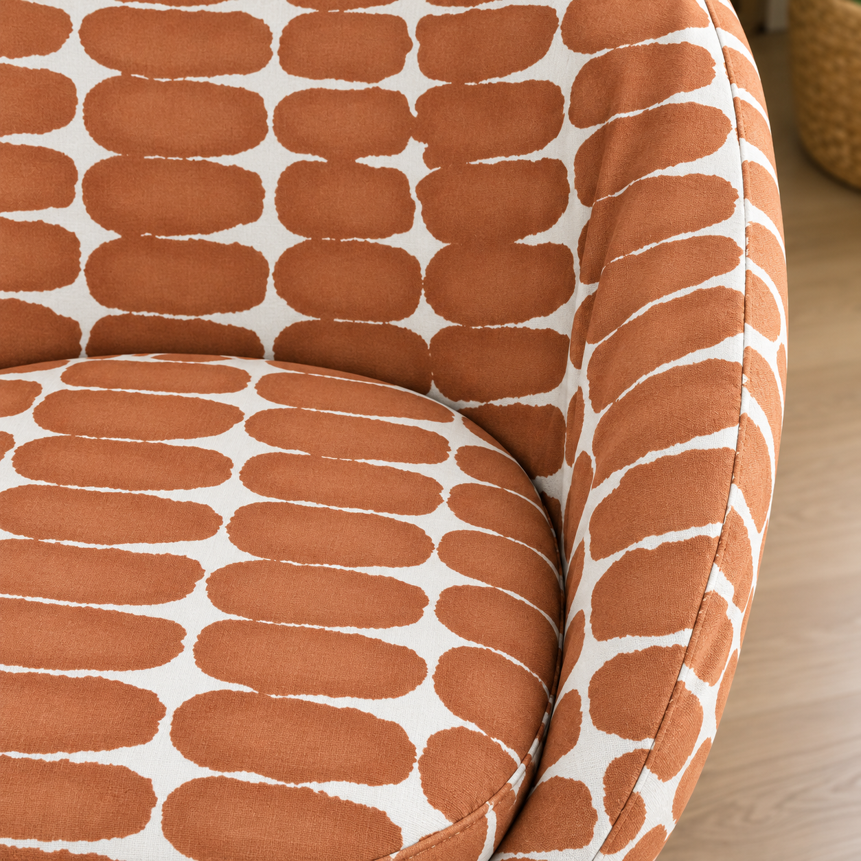 Close detail of Shibori Dot Sunstone polyester chair slipcover