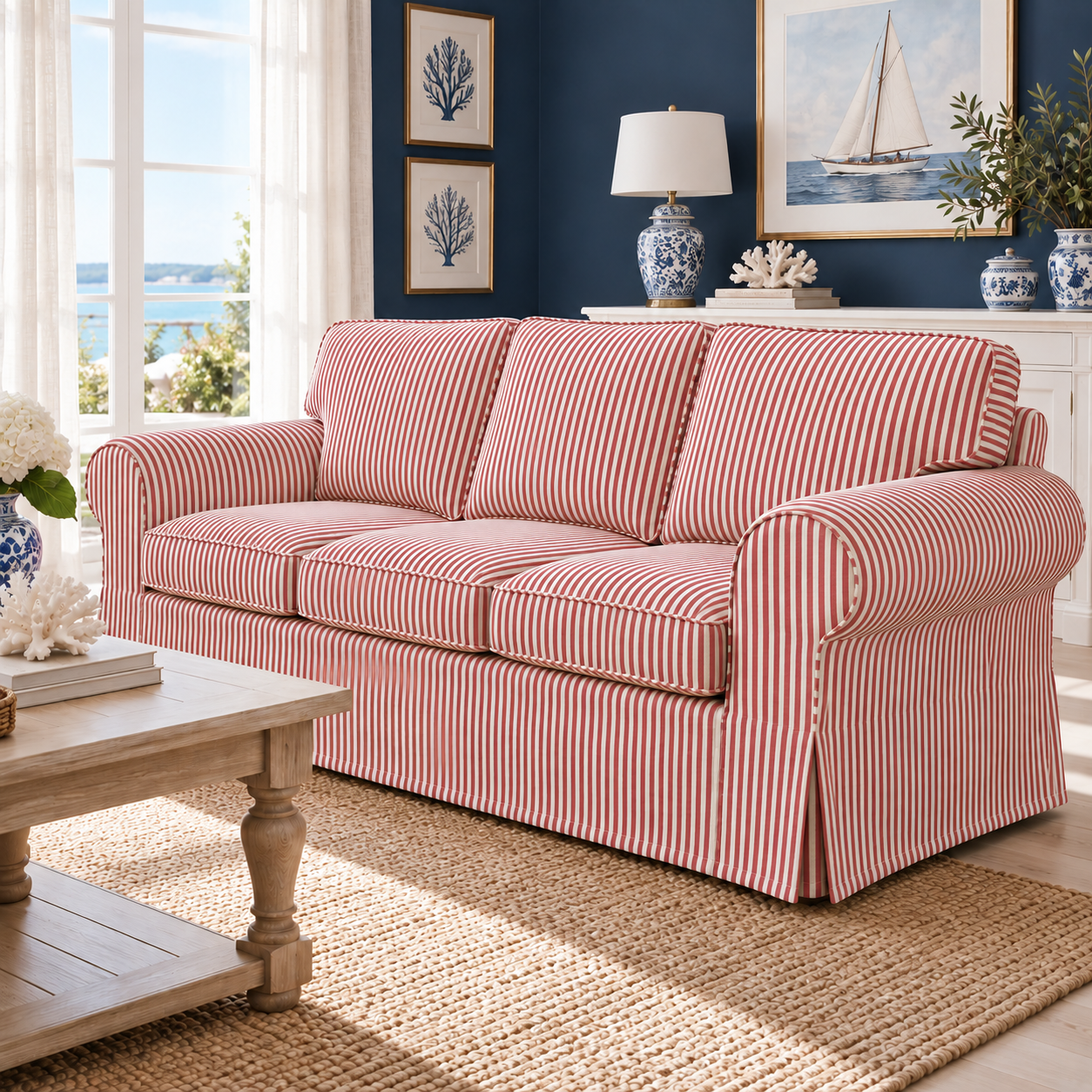 Terracotta red ticking stripe 3-seater sofa slipcover in a bright coastal interior