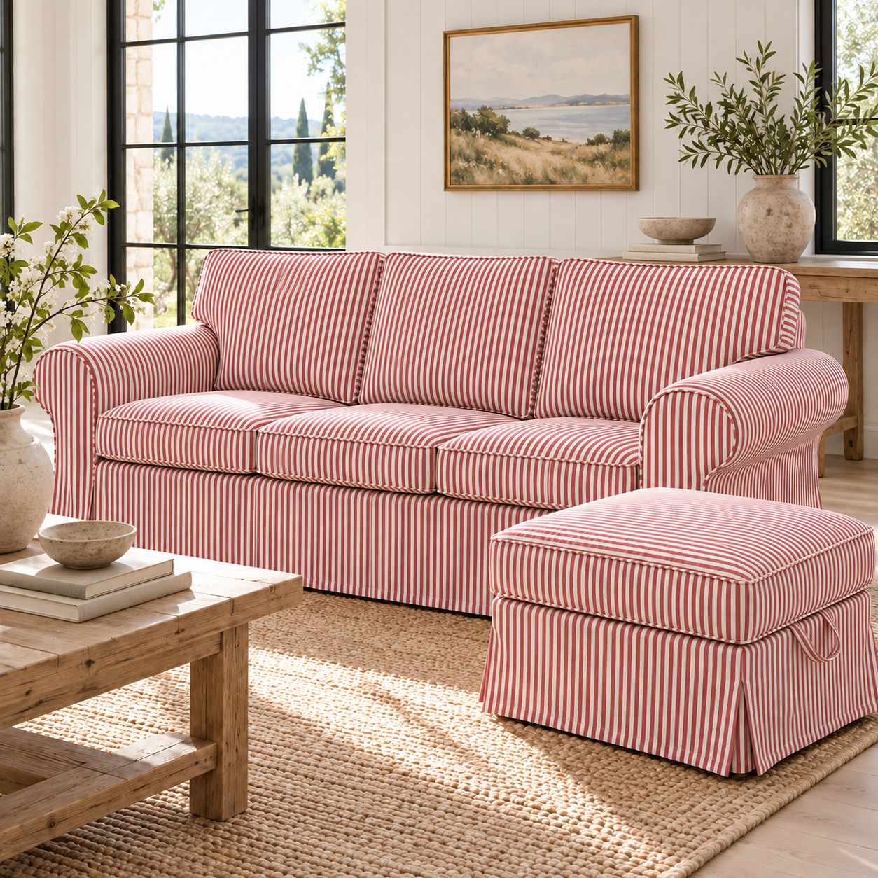 Terracotta red ticking stripe 3-seater sofa and footstool slipcovers in a farmhouse interior