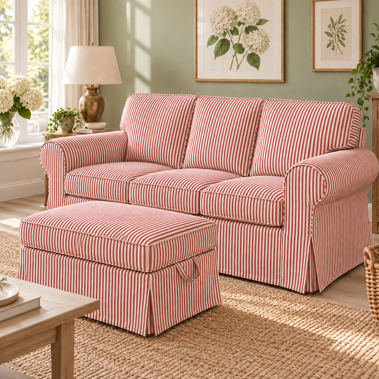 Terracotta red ticking stripe 3-seater sofa and matching footstool slipcovers