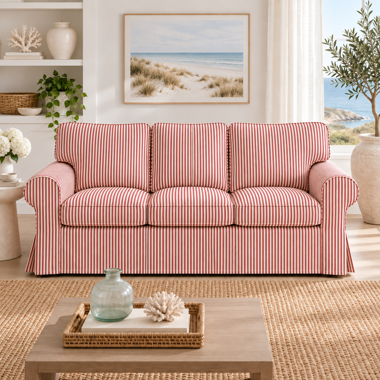 Terracotta red ticking stripe 3-seater sofa slipcover, front view