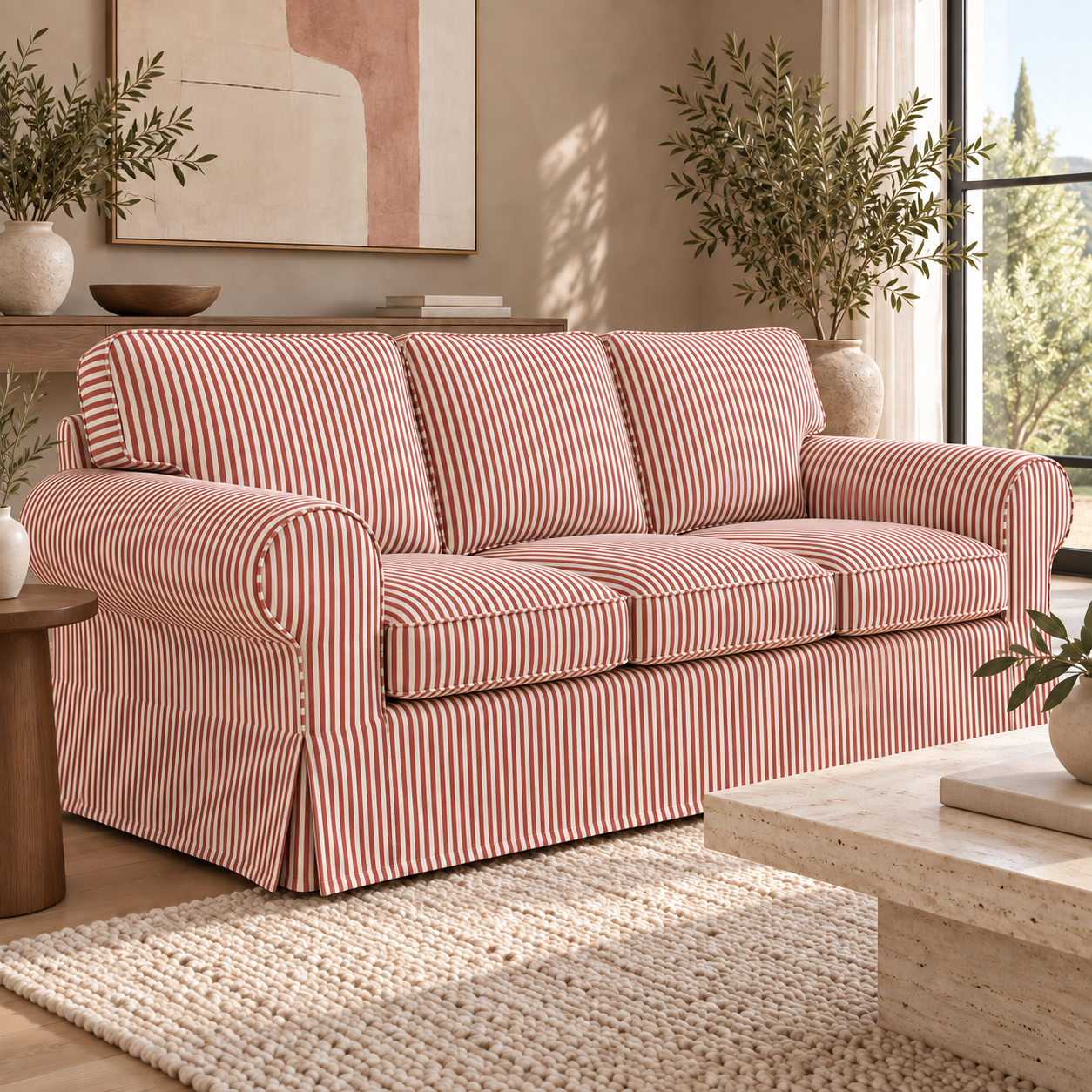Terracotta red ticking stripe 3-seater sofa slipcover, left angle