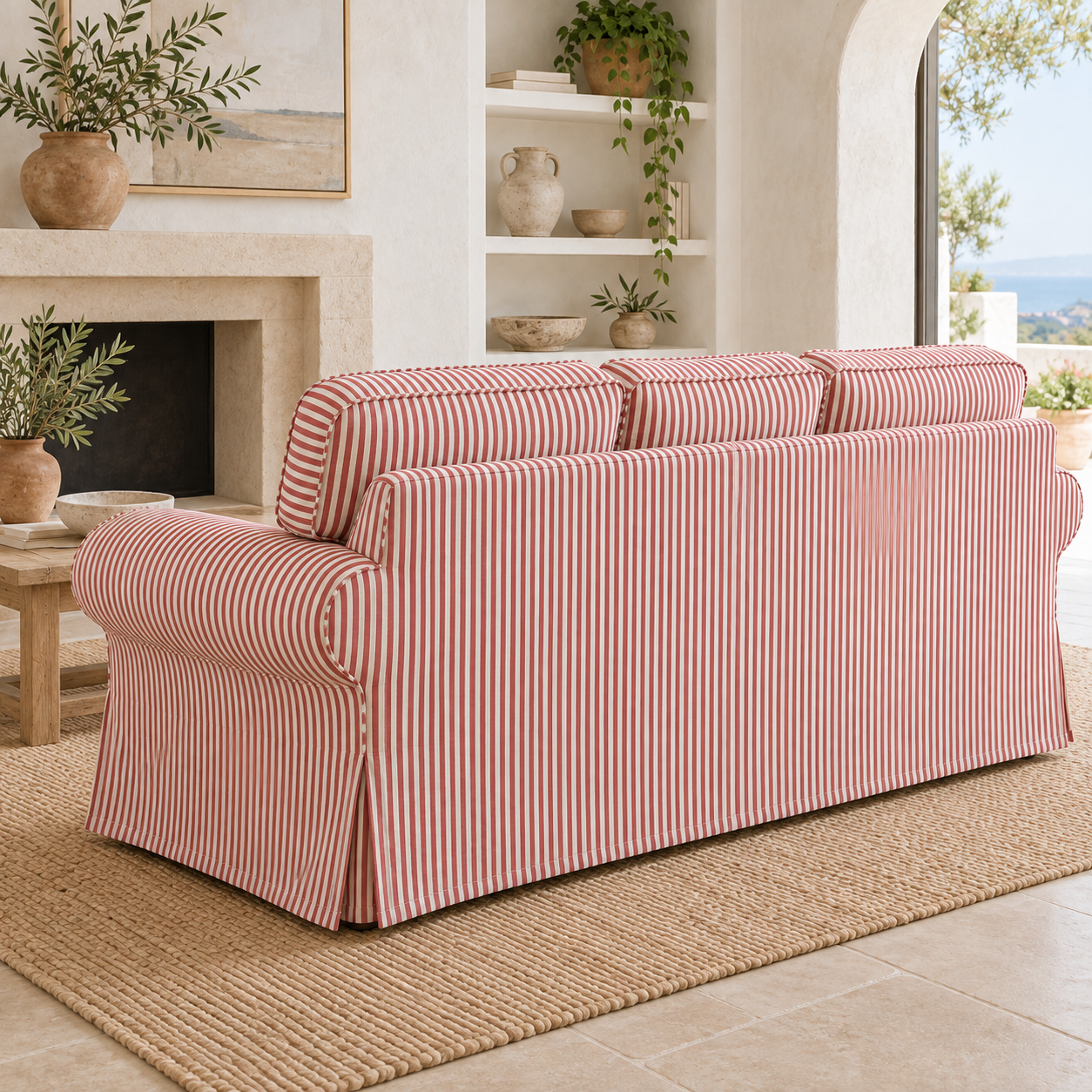 Terracotta red ticking stripe 3-seater sofa slipcover, rear left view