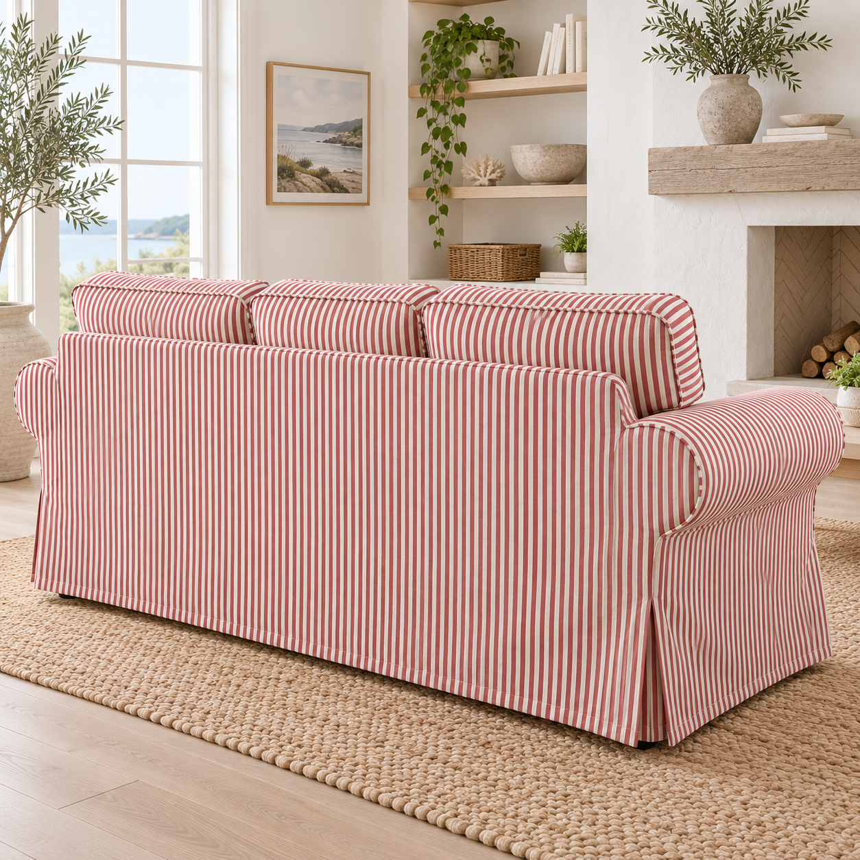 Terracotta red ticking stripe 3-seater sofa slipcover, rear right view