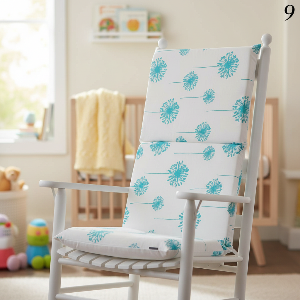 Turquoise Blue Dandelion Rocking Chair Cushion lifestyle image with number 9
