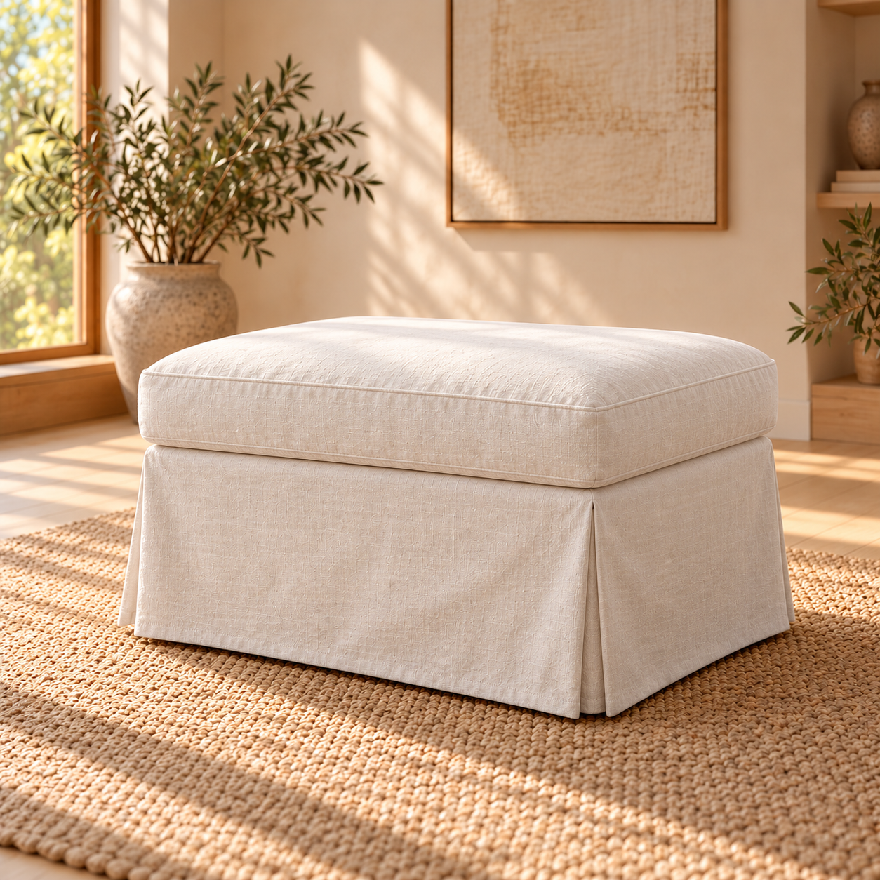 Natural Linen cover compatible with IKEA UPPLAND footstool, no handles, first angle