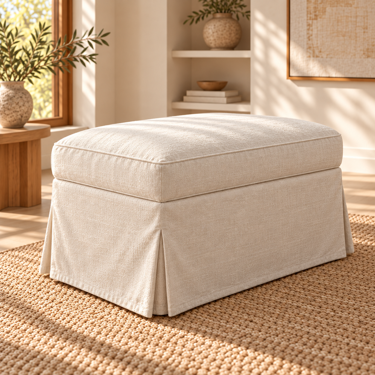 Natural Linen cover compatible with IKEA UPPLAND footstool, no handles, opposite angle