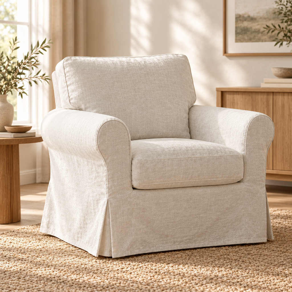 Illustrative visualization of a Natural Linen cover on an IKEA UPPLAND-style armchair in a neutral living room