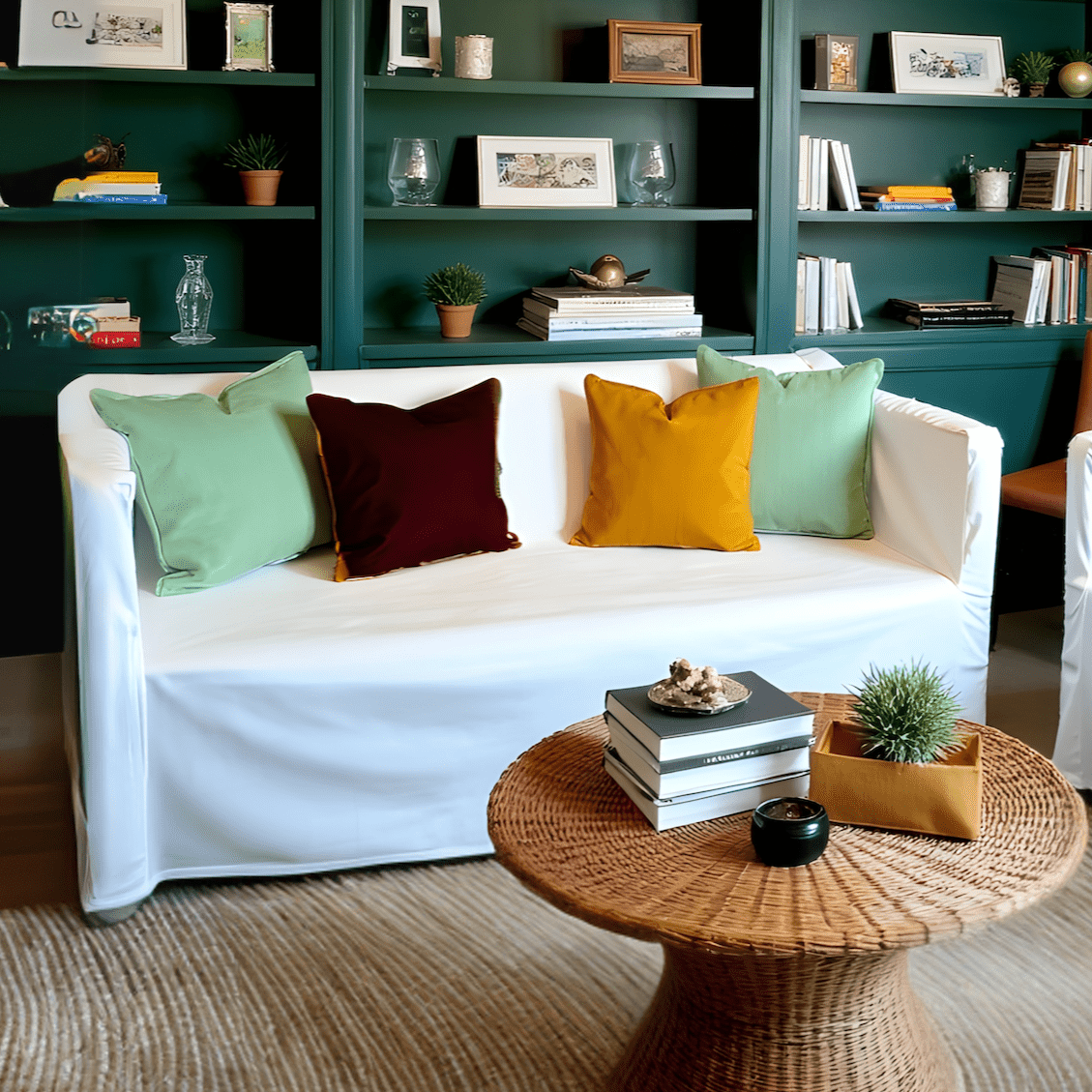 Living room with white knopparp sofas, colorful pillows, and a wicker coffee table.