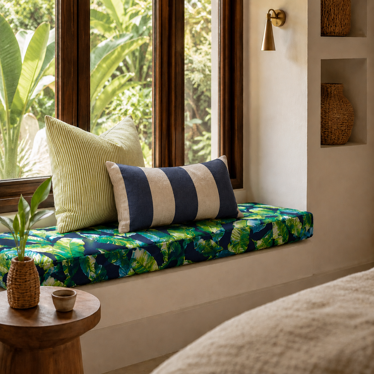 A tropical leaf print cushioned window seat with two decorative throw pillows in a sunlit room with large windows and outdoor greenery visible.