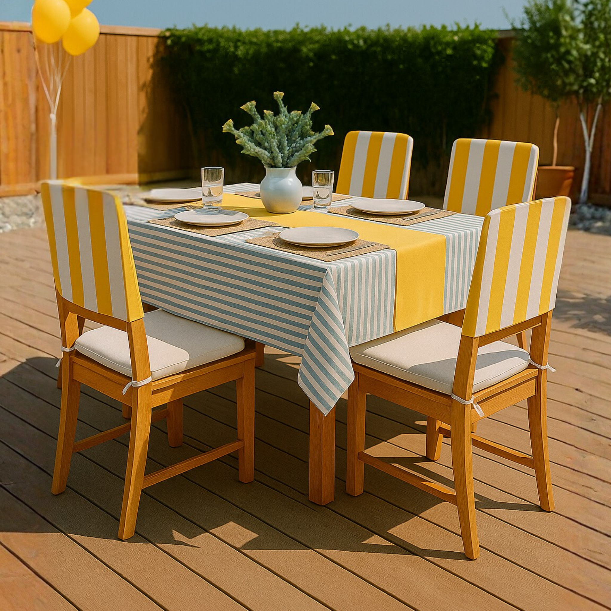 Outdoor dining setup with striped tablecloth and chairs on a wooden deck.