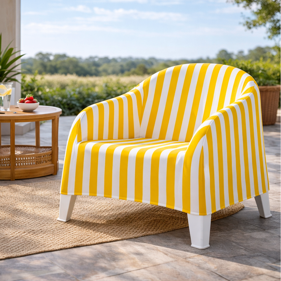 Yellow and white striped chair on a patio with a table and plants in the background.
