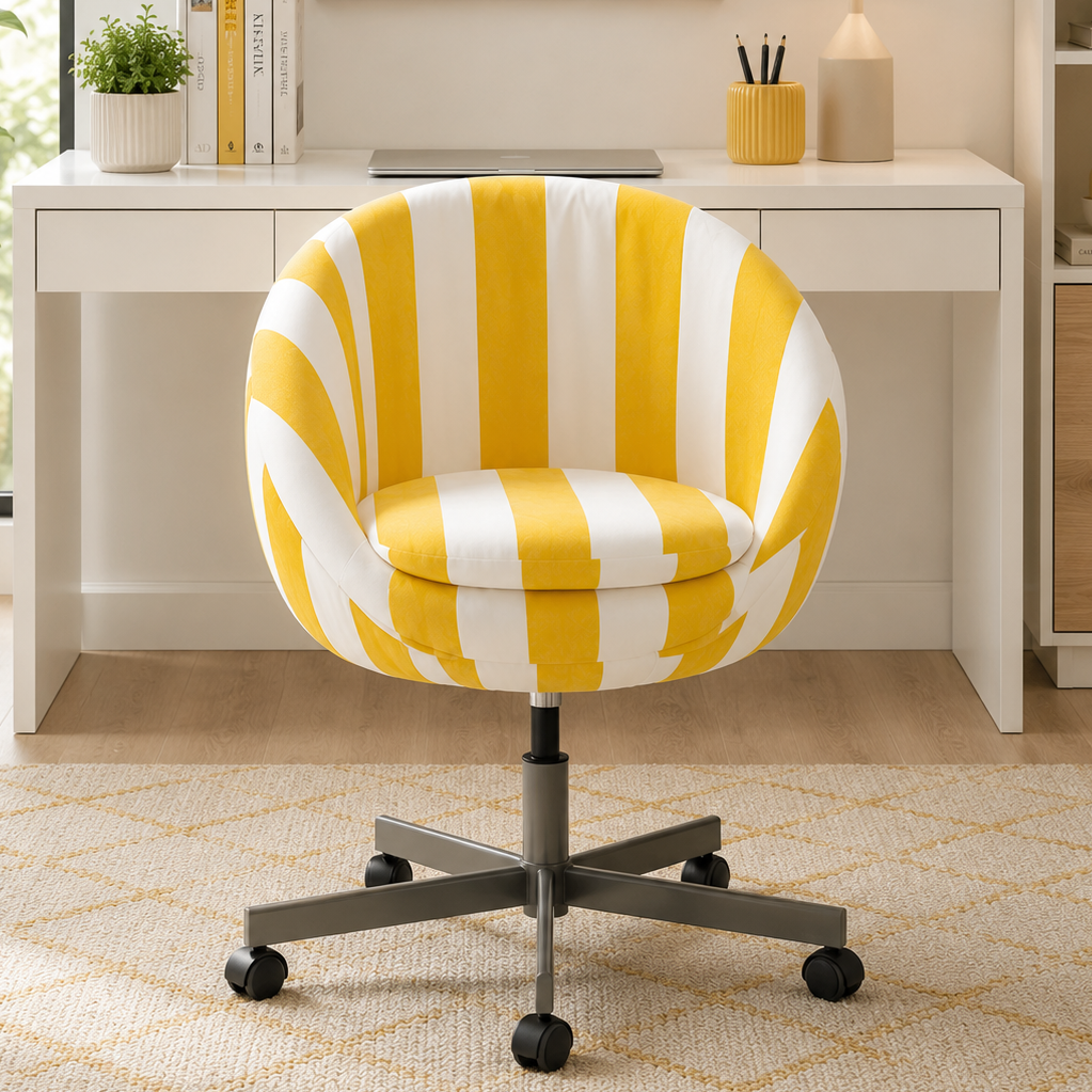 Yellow and white striped office chair in a home office setting with a desk and decor.