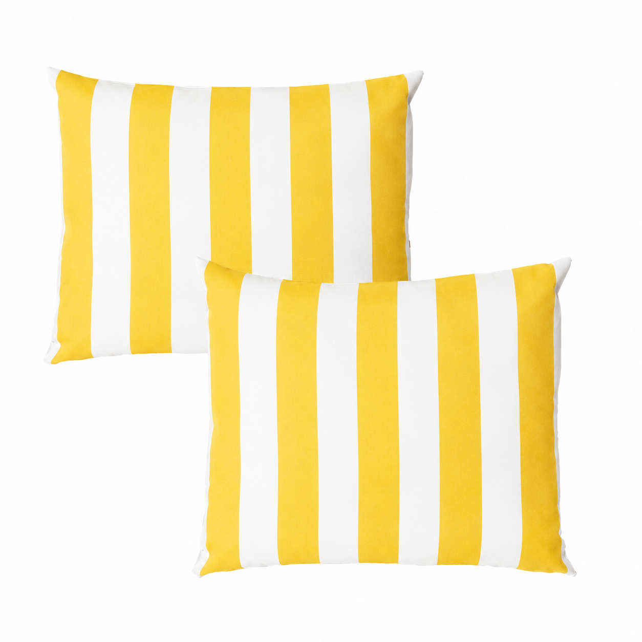 Two square throw pillows with a bold yellow and white vertical stripe pattern, arranged on a clean white background.